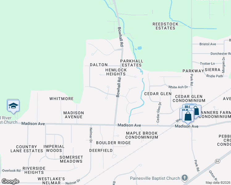 map of restaurants, bars, coffee shops, grocery stores, and more near 1257 Foxfire Drive in Painesville