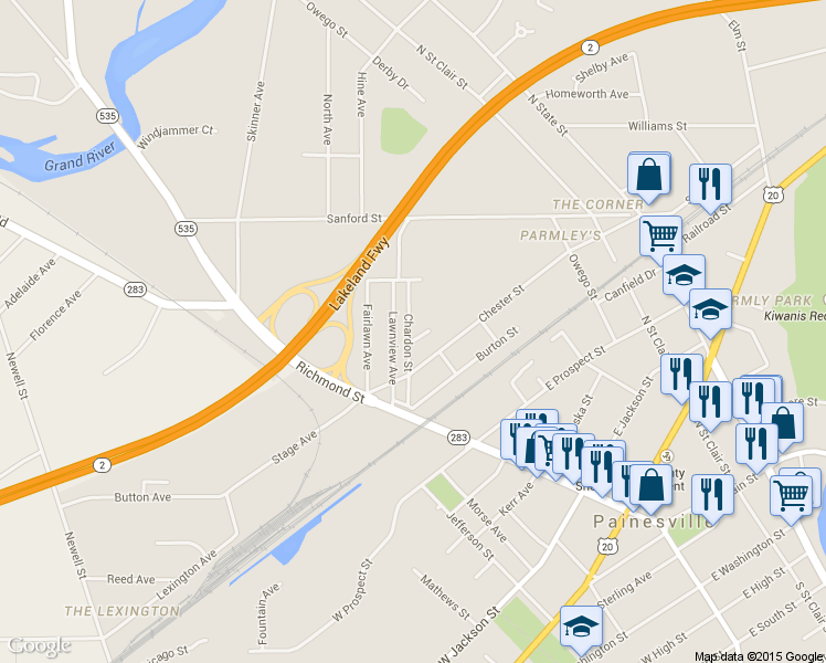 map of restaurants, bars, coffee shops, grocery stores, and more near 119 Barnes Ave in Painesville
