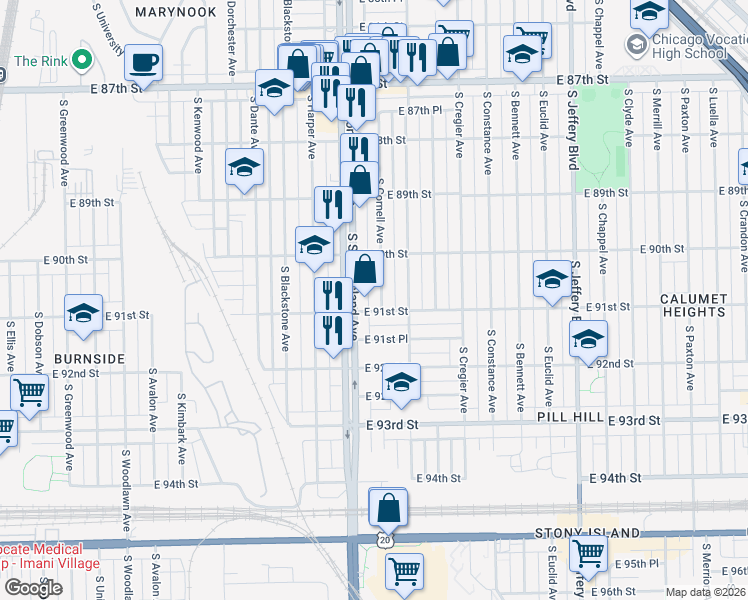 map of restaurants, bars, coffee shops, grocery stores, and more near 9047 South Cornell Avenue in Chicago