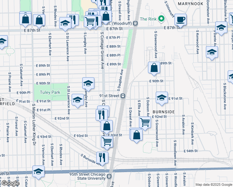 map of restaurants, bars, coffee shops, grocery stores, and more near 9040 South Dauphin Avenue in Chicago