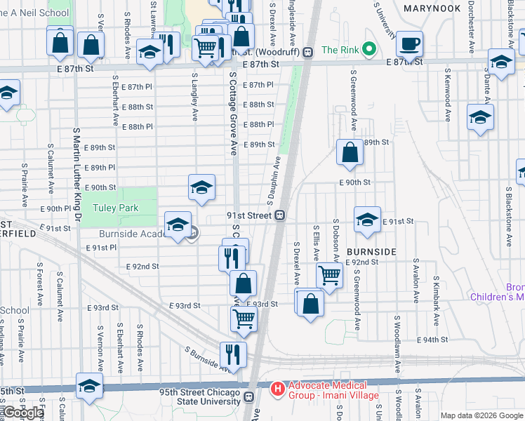 map of restaurants, bars, coffee shops, grocery stores, and more near 9040 South Dauphin Avenue in Chicago