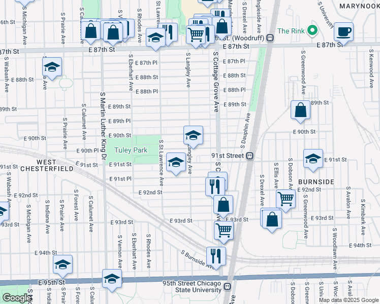 map of restaurants, bars, coffee shops, grocery stores, and more near 647 East 90th Place in Chicago