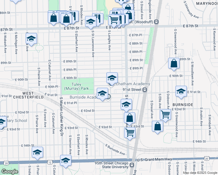 map of restaurants, bars, coffee shops, grocery stores, and more near 647 East 90th Place in Chicago