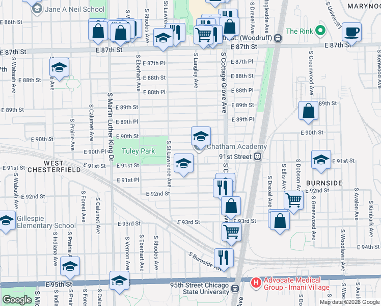map of restaurants, bars, coffee shops, grocery stores, and more near 647 East 90th Place in Chicago
