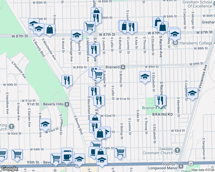 map of restaurants, bars, coffee shops, grocery stores, and more near 9009 South Justine Street in Chicago