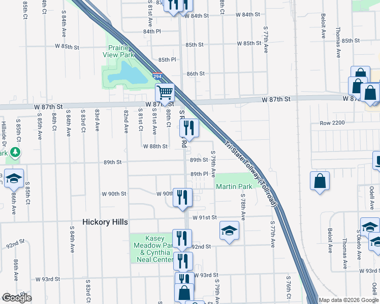 map of restaurants, bars, coffee shops, grocery stores, and more near 7940 89th Street in Hickory Hills