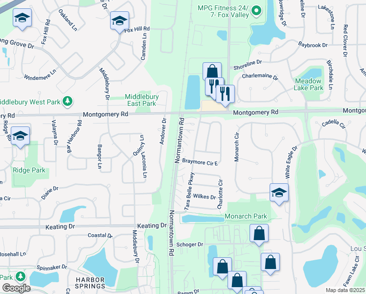 map of restaurants, bars, coffee shops, grocery stores, and more near 1412 Normantown Road in Naperville