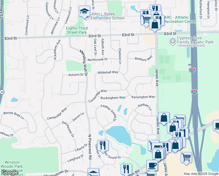 map of restaurants, bars, coffee shops, grocery stores, and more near 566 Cambridge Way in Bolingbrook