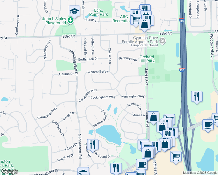 map of restaurants, bars, coffee shops, grocery stores, and more near 605 Piccadilly Lane in Bolingbrook