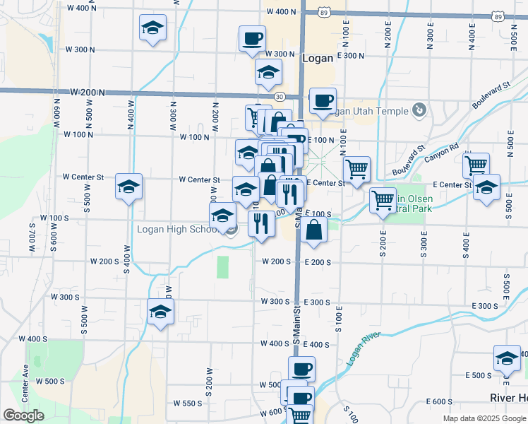 map of restaurants, bars, coffee shops, grocery stores, and more near 95 West 100 South in Logan