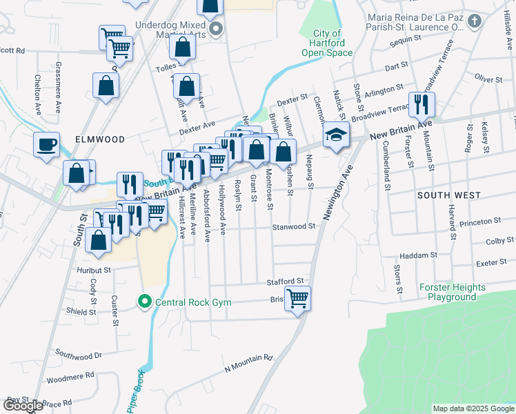 map of restaurants, bars, coffee shops, grocery stores, and more near 54 Grant Street in Hartford