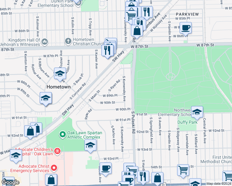 map of restaurants, bars, coffee shops, grocery stores, and more near 4104 West 89th Place in Hometown