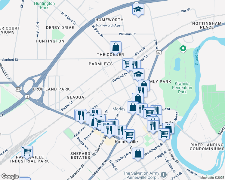 map of restaurants, bars, coffee shops, grocery stores, and more near 319 Owego St in Painesville