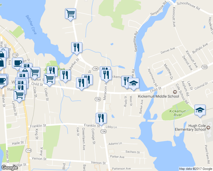 map of restaurants, bars, coffee shops, grocery stores, and more near 334 Rhode Island 136 in Warren
