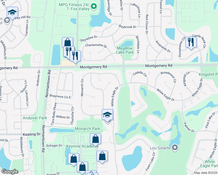 map of restaurants, bars, coffee shops, grocery stores, and more near 1430 Isleworth Court in Naperville