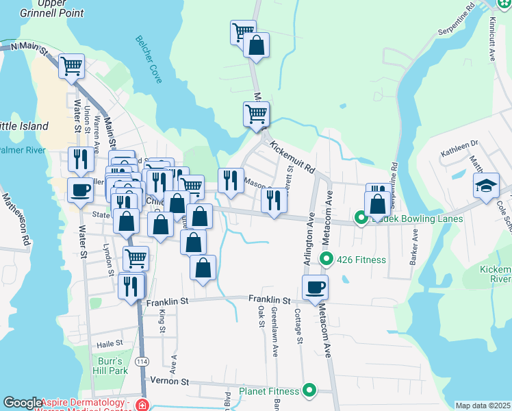 map of restaurants, bars, coffee shops, grocery stores, and more near 9 Central St in Warren