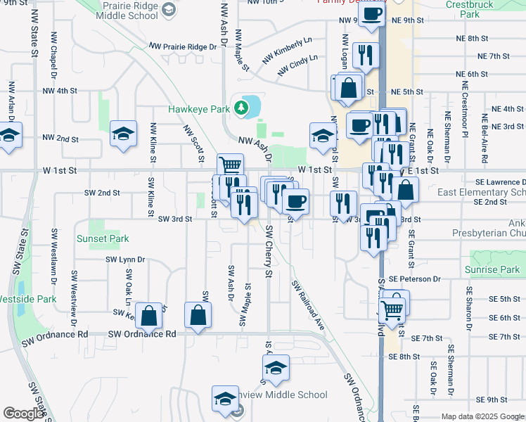 map of restaurants, bars, coffee shops, grocery stores, and more near 214 Southwest Cherry Street in Ankeny