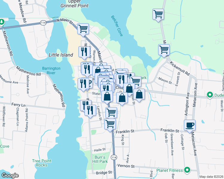 map of restaurants, bars, coffee shops, grocery stores, and more near 31 Child Street in Warren