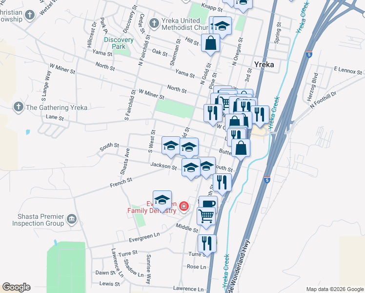 map of restaurants, bars, coffee shops, grocery stores, and more near 414 S Gold St in Yreka
