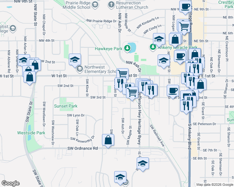 map of restaurants, bars, coffee shops, grocery stores, and more near 221 Southwest Scott Street in Ankeny