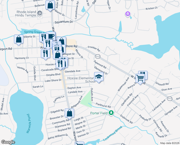 map of restaurants, bars, coffee shops, grocery stores, and more near 10 Lima Street in Warwick