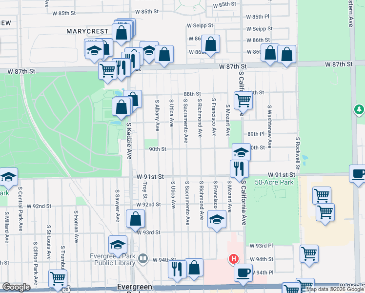 map of restaurants, bars, coffee shops, grocery stores, and more near 8952 South Sacramento Avenue in Evergreen Park