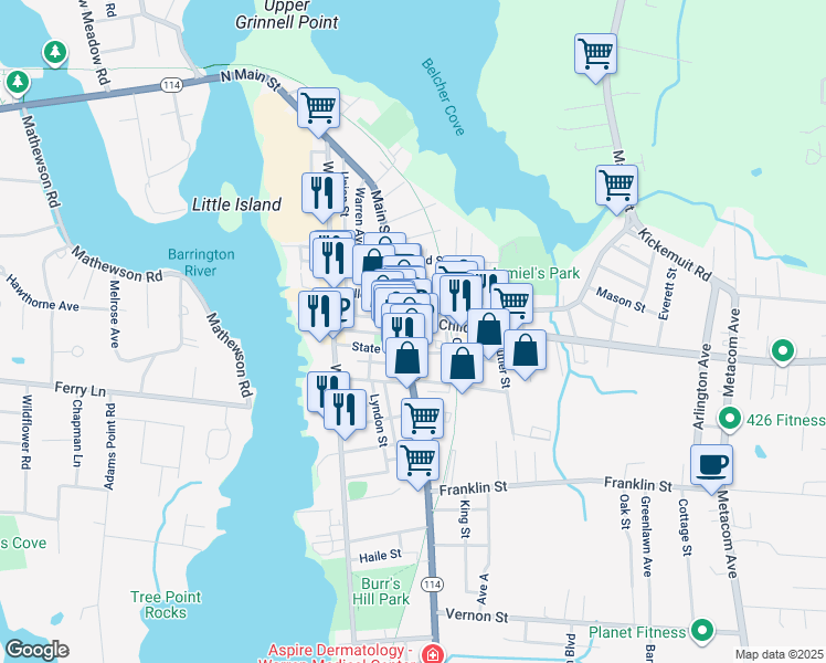 map of restaurants, bars, coffee shops, grocery stores, and more near 31 Child Street in Warren