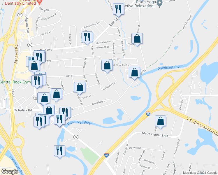 map of restaurants, bars, coffee shops, grocery stores, and more near 112 Eastgate Drive in Warwick