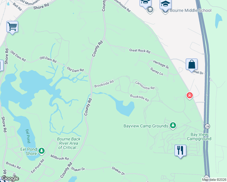 map of restaurants, bars, coffee shops, grocery stores, and more near 10 Candleberry Court in Bourne