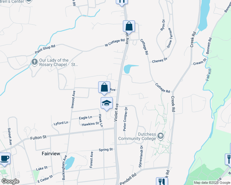 map of restaurants, bars, coffee shops, grocery stores, and more near 265 Violet Avenue in Poughkeepsie