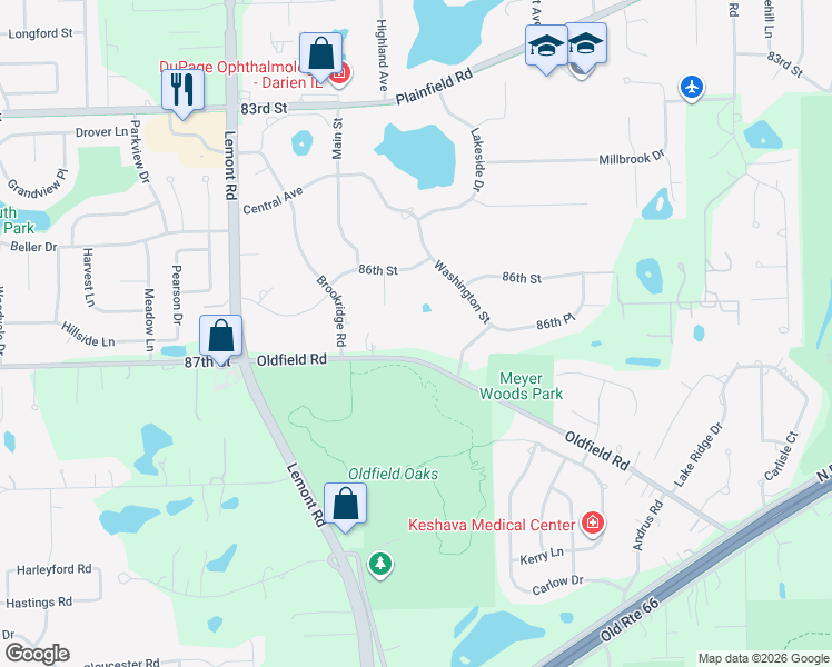 map of restaurants, bars, coffee shops, grocery stores, and more near 900 Oldfield Road in Downers Grove