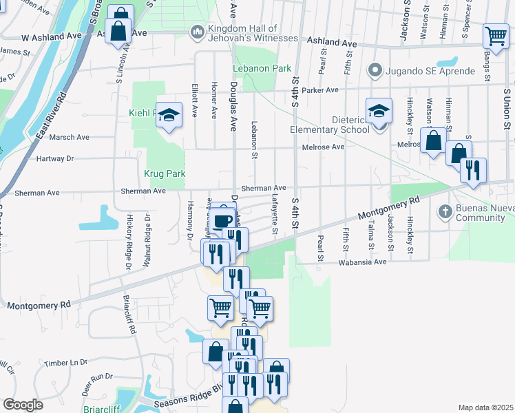 map of restaurants, bars, coffee shops, grocery stores, and more near 1332 Douglas Avenue in Montgomery