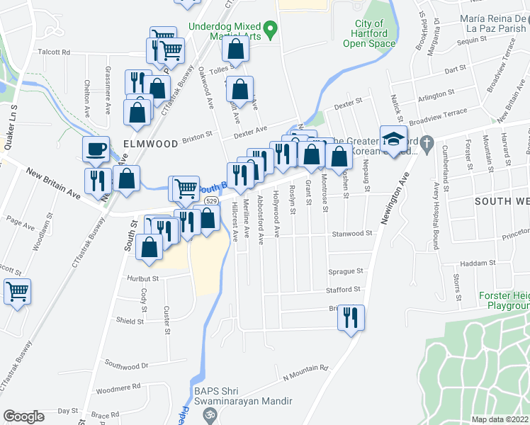map of restaurants, bars, coffee shops, grocery stores, and more near 30 Abbotsford Avenue in West Hartford