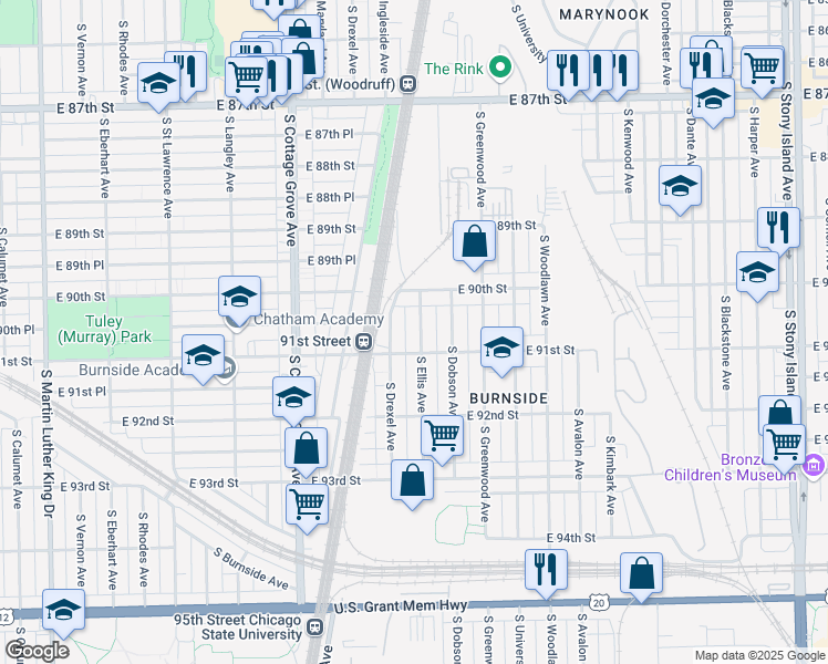 map of restaurants, bars, coffee shops, grocery stores, and more near 9040 South Ellis Avenue in Chicago
