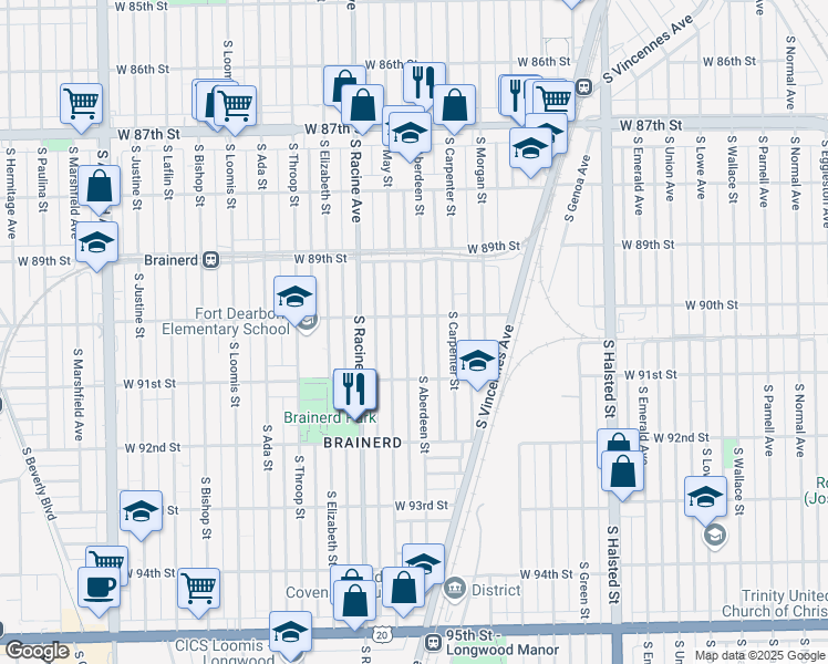 map of restaurants, bars, coffee shops, grocery stores, and more near 9012 South Aberdeen Street in Chicago