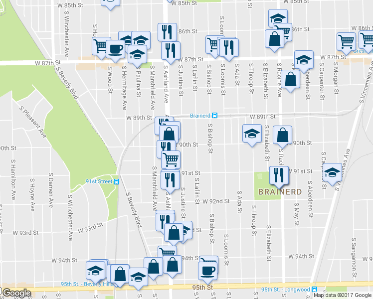 map of restaurants, bars, coffee shops, grocery stores, and more near 9009 South Justine Street in Chicago