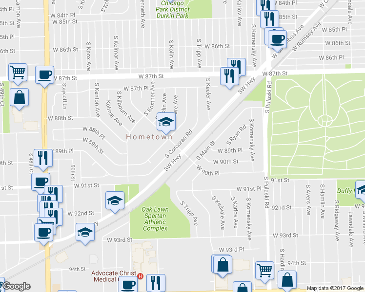 map of restaurants, bars, coffee shops, grocery stores, and more near 8881 South Corcoran Road in Hometown