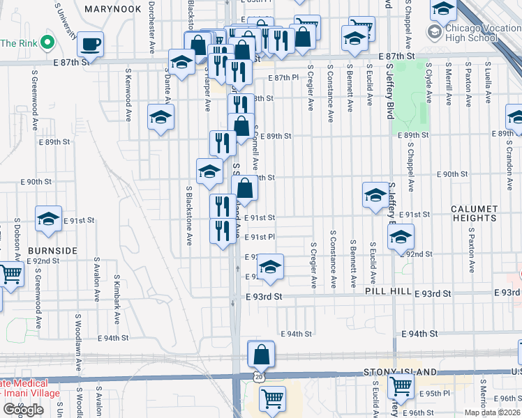 map of restaurants, bars, coffee shops, grocery stores, and more near 9047 South Cornell Avenue in Chicago
