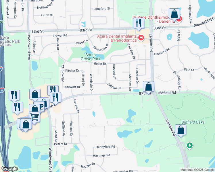 map of restaurants, bars, coffee shops, grocery stores, and more near 3073 Hillside Lane in Darien