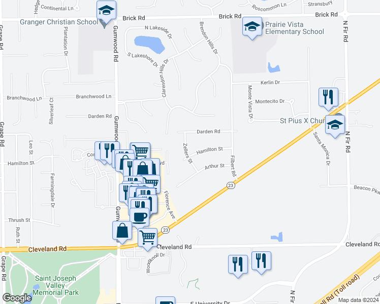 map of restaurants, bars, coffee shops, grocery stores, and more near 52400 Zellers Street in Granger