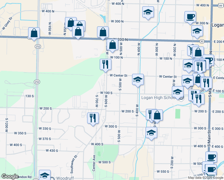 map of restaurants, bars, coffee shops, grocery stores, and more near 543 West 100 North in Logan