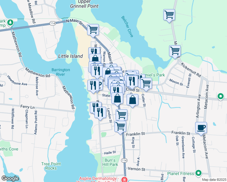 map of restaurants, bars, coffee shops, grocery stores, and more near 5 Church Street in Warren