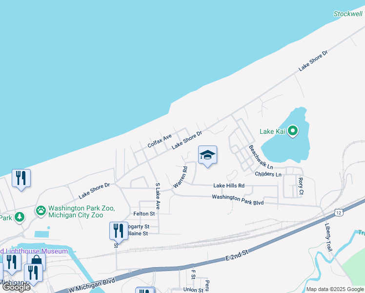 map of restaurants, bars, coffee shops, grocery stores, and more near 625 Lake Shore Drive in Michigan City