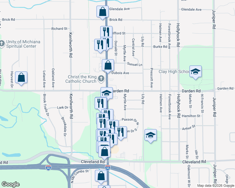 map of restaurants, bars, coffee shops, grocery stores, and more near 52501-52559 Myrtle Avenue in South Bend