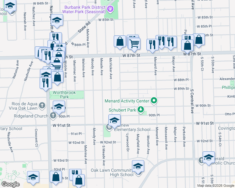 map of restaurants, bars, coffee shops, grocery stores, and more near 8906 Austin Avenue in Oak Lawn