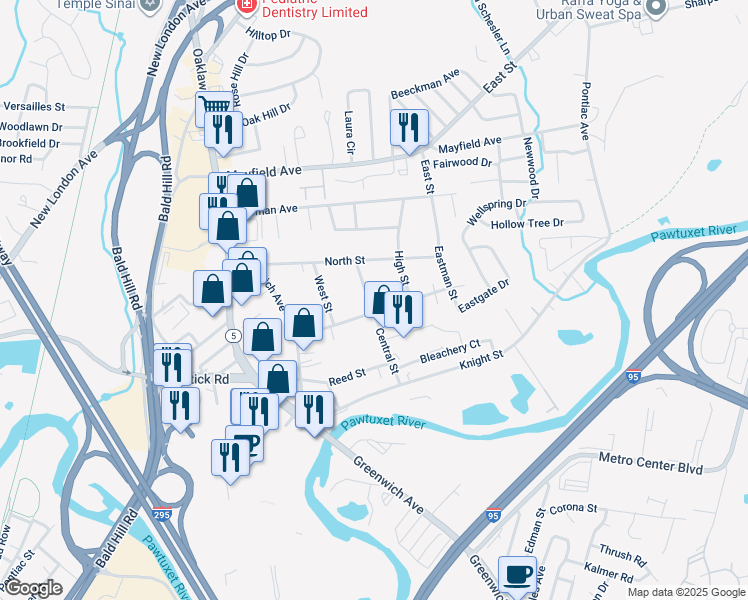 map of restaurants, bars, coffee shops, grocery stores, and more near 48 Central Street in Warwick
