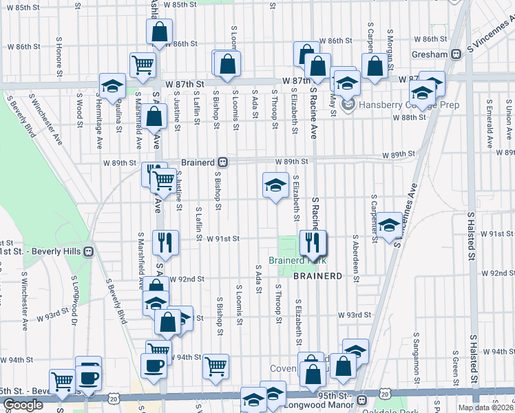 map of restaurants, bars, coffee shops, grocery stores, and more near 9010 South Ada Street in Chicago