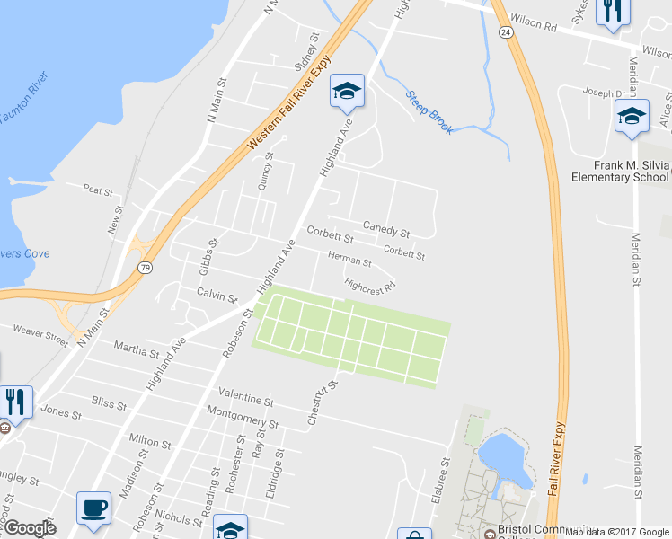 map of restaurants, bars, coffee shops, grocery stores, and more near 31 Highcrest Road in Fall River