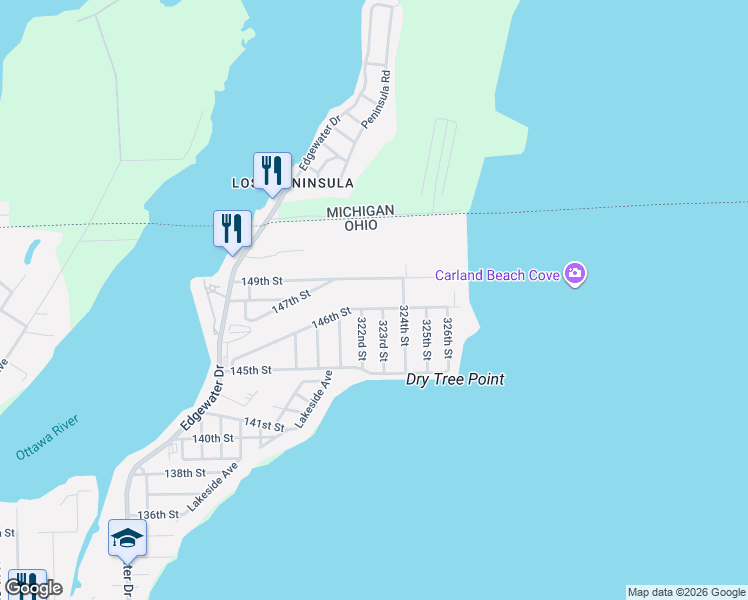 map of restaurants, bars, coffee shops, grocery stores, and more near 3577 146th Street in Toledo
