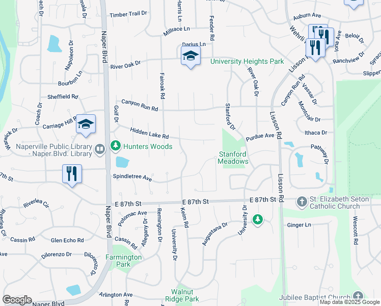 map of restaurants, bars, coffee shops, grocery stores, and more near Weston Ridge Drive in Naperville